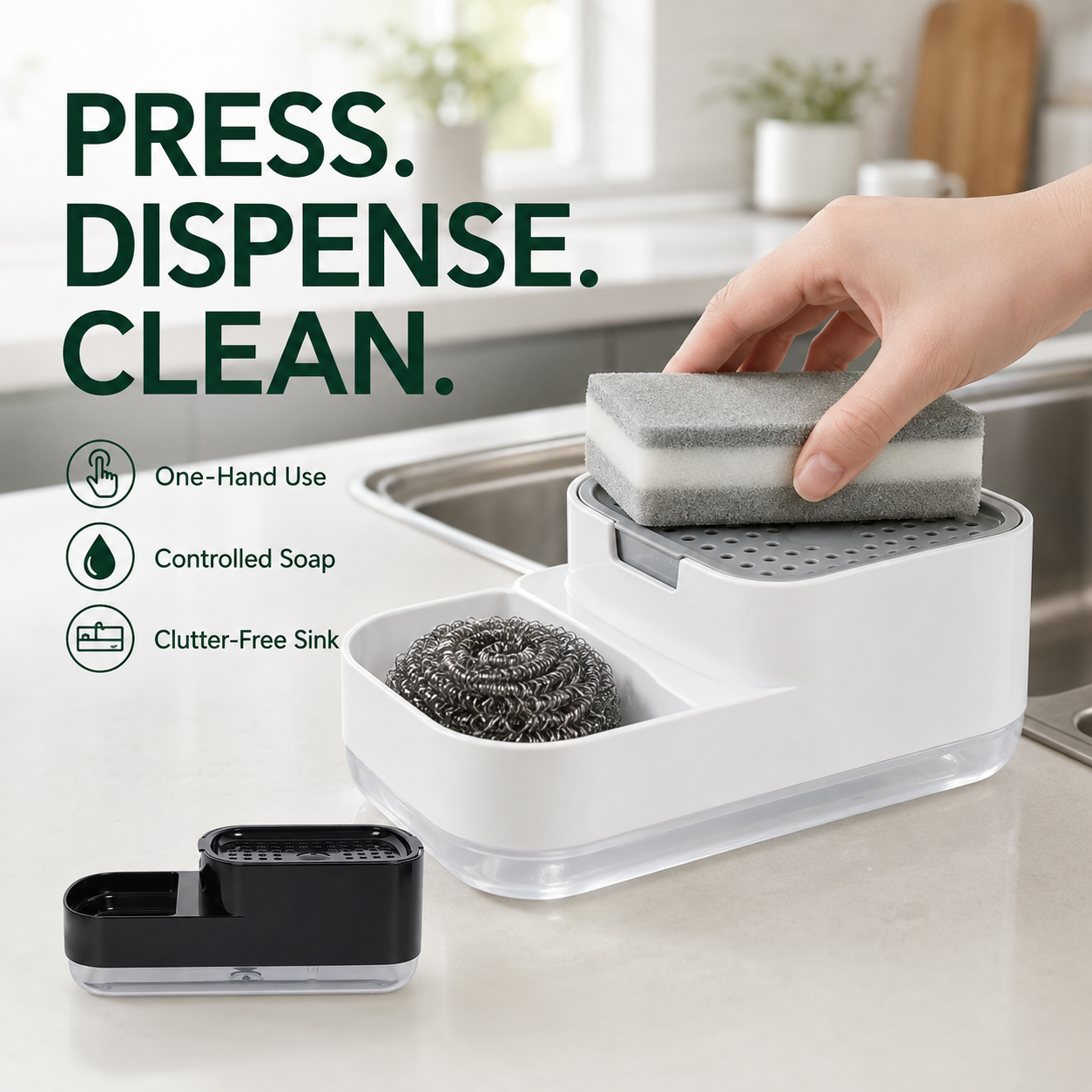 2-in-1 Press Soap Dispenser & Sponge Holder